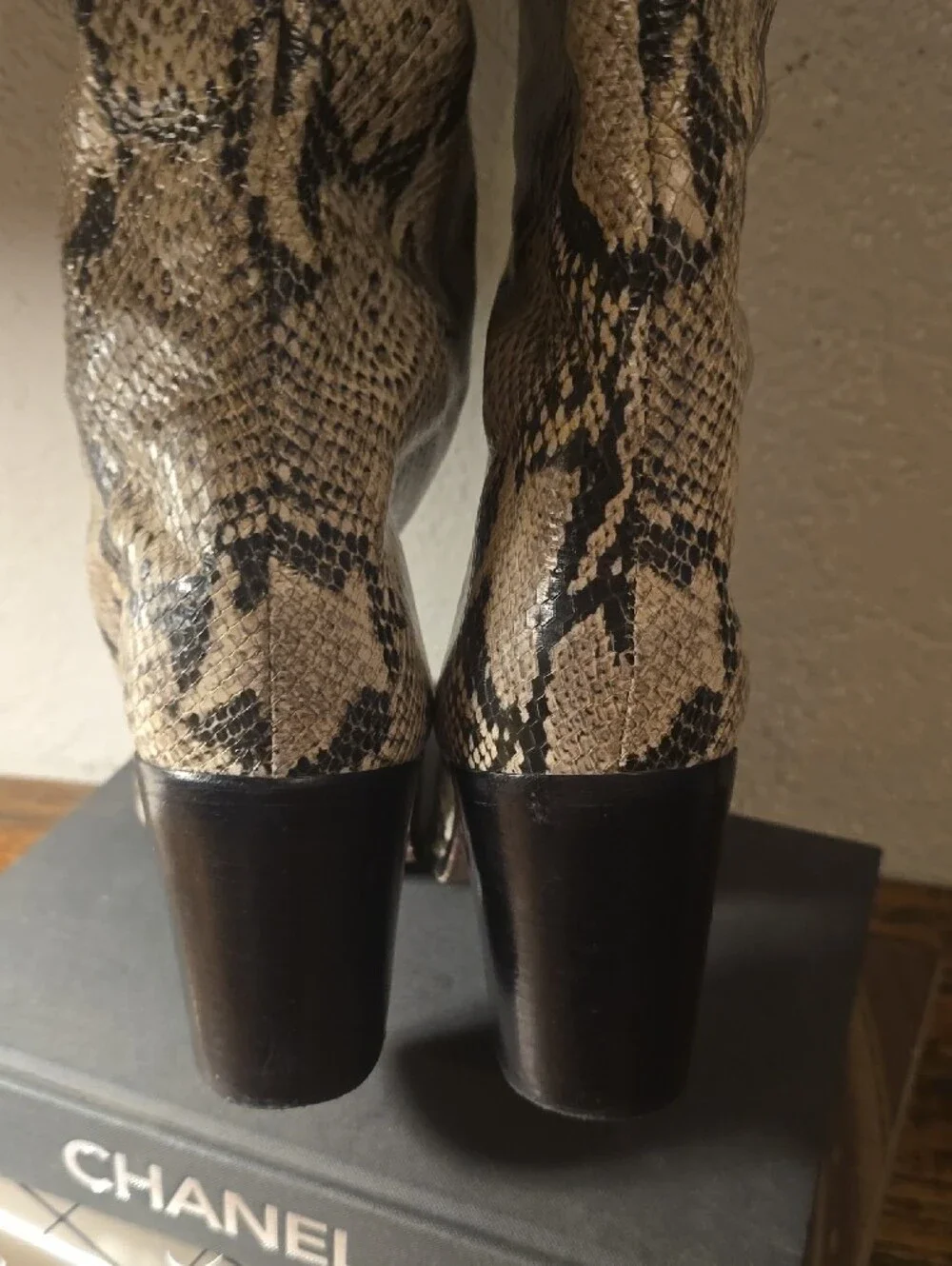 SCHUTZ Snake-Print Over-the-Knee Boots in Beige & Black